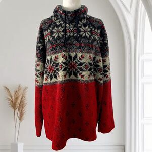 Vintage Made in USA Christmas Holiday Snowflake Red Plus Size XL Fleece Sweater